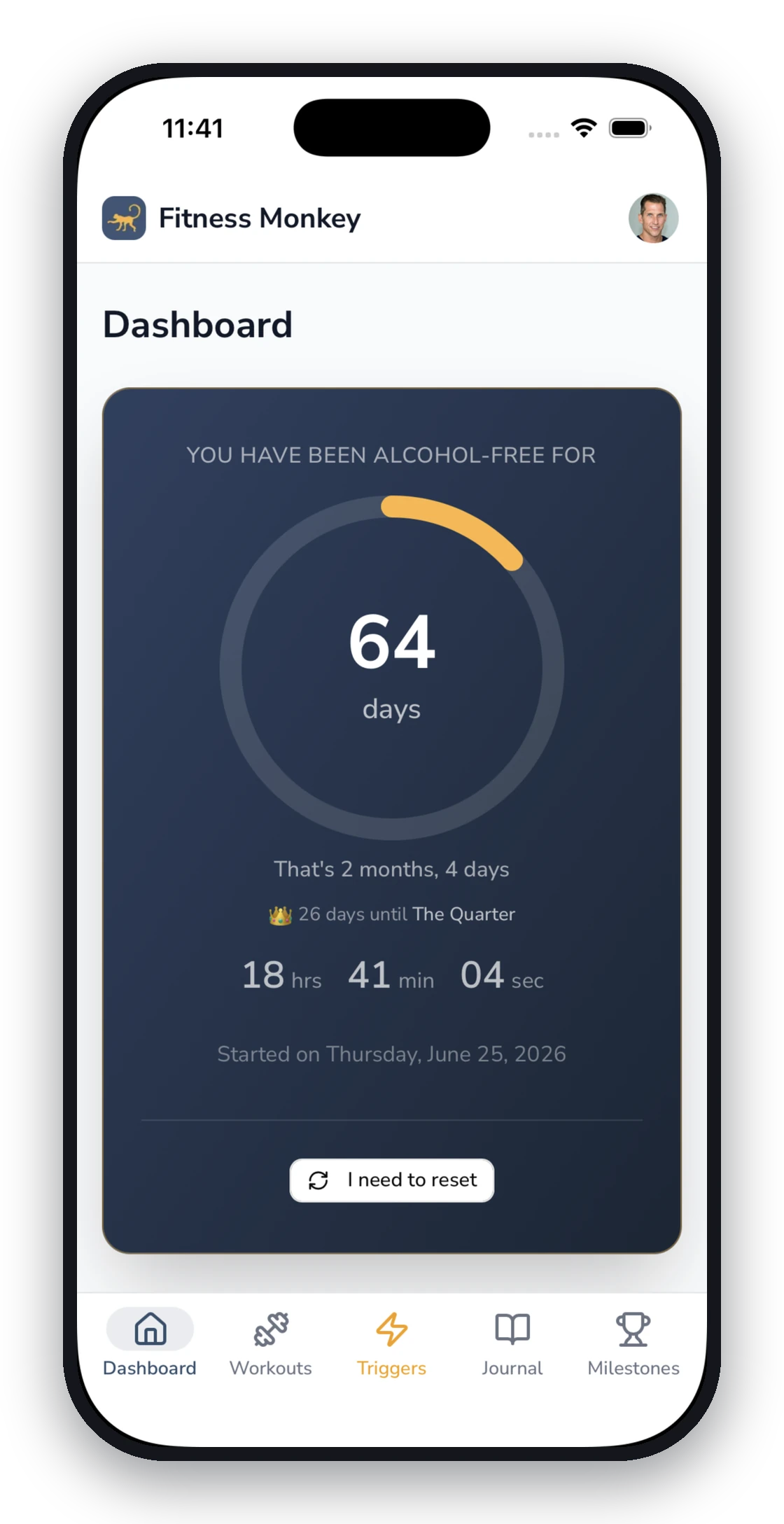 Fitness Monkey dashboard — sobriety tracking